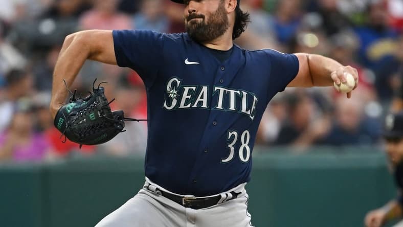 Sep 3, 2022; Cleveland, Ohio, USA; Seattle Mariners starting pitcher Robbie Ray (38) throws a pitch during the first inning against the Cleveland Guardians at Progressive Field. Mandatory Credit: Ken Blaze-USA TODAY Sports
