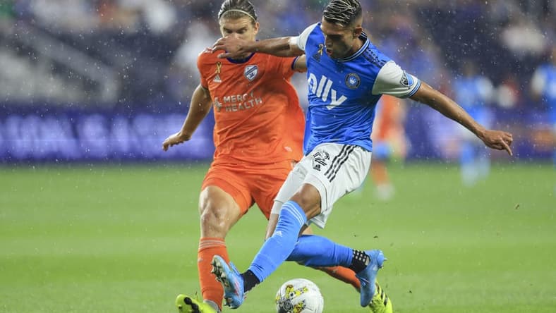 Sep 3, 2022; Cincinnati, Ohio, USA; FC Cincinnati defender Nick Hagglund (back) battles against Charlotte FC forward Daniel Rios (12) for the ball in the first half at TQL Stadium. Mandatory Credit: Aaron Doster-USA TODAY Sports
