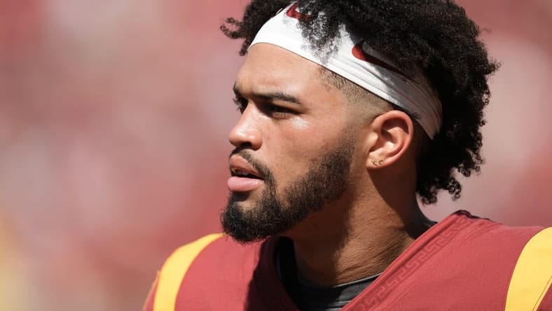 Sep 3, 2022; Los Angeles, California, USA; Southern California Trojans quarterback Caleb Williams (13) reacts during the game against the Rice Owls at United Airlines Field at Los Angeles Memorial Coliseum. Mandatory Credit: Kirby Lee-USA TODAY Sports