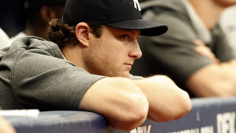 Sep 4, 2022; St. Petersburg, Florida, USA; New York Yankees pitcher Gerrit Cole (45) looks on against the Tampa Bay Rays during the fifth inning at Tropicana Field. Mandatory Credit: Kim Klement-USA TODAY Sports