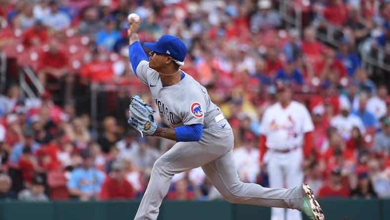 Sep 4, 2022; St. Louis, Missouri, USA; Chicago Cubs starting pitcher Marcus Stroman (0) pitches against the St. Louis Cardinals in the first inning at Busch Stadium. Mandatory Credit: Joe Puetz-USA TODAY Sports
