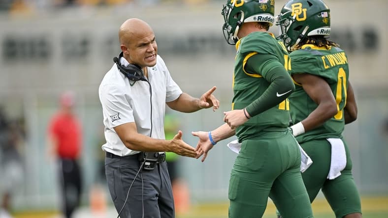 Sep 3, 2022; Waco, Texas, USA; Baylor Bears head coach Dave Aranda and quarterback Blake Shapen (12) during the game between the Baylor Bears and the Albany Great Danes at McLane Stadium. Mandatory Credit: Jerome Miron-USA TODAY Sports