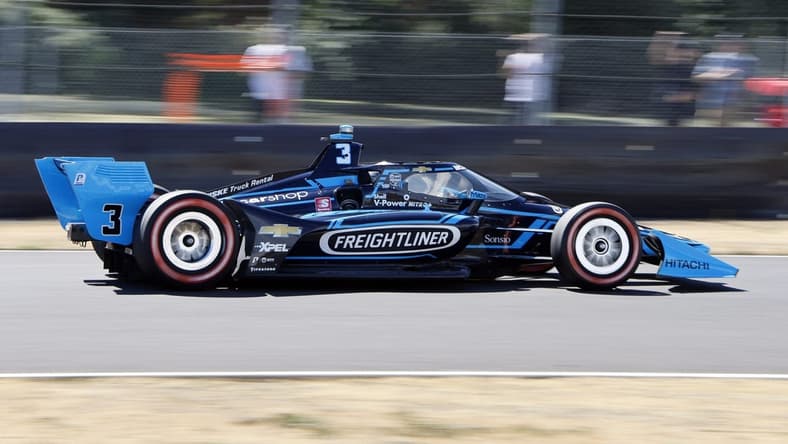 Sep 4, 2022; Portland, Oregon, USA; IndyCar driver Scott McLaughlin (3) drives during Grand Prix of Portland at Portland International Raceway. Mandatory Credit: Soobum Im-USA TODAY Sports