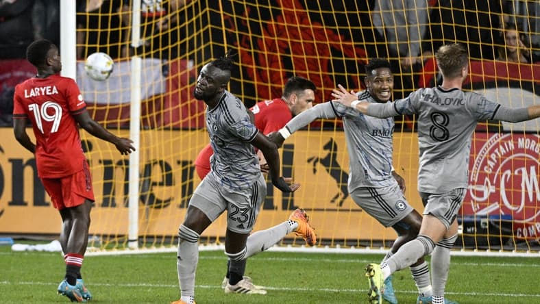 Sep 4, 2022; Toronto, Ontario, CAN; CF Montreal forward Kei Kamara (23) celebrates with team mates after scoring a goal against Toronto FC in the first half at BMO Field. Mandatory Credit: Dan Hamilton-USA TODAY Sports