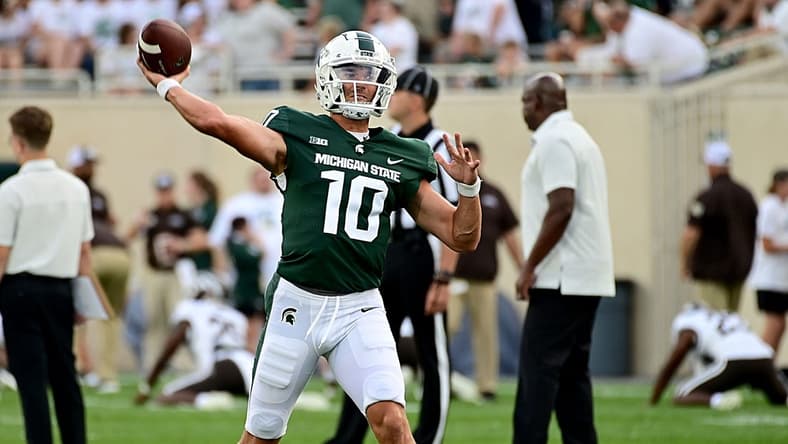 Sep 2, 2022; East Lansing, Michigan, USA;  Michigan State Spartans quarterback Payton Thorne (10) throws before a game against Western Michigan University at Spartan Stadium. Mandatory Credit: Dale Young-USA TODAY Sports
