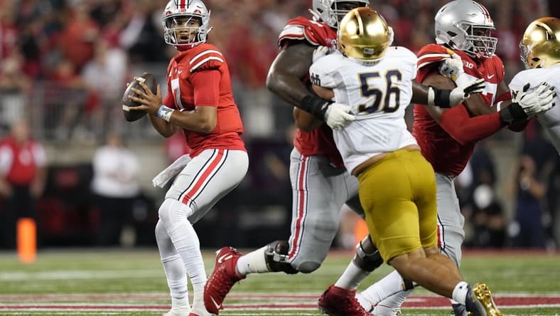 Sep 3, 2022; Columbus, Ohio, USA;  Ohio State Buckeyes quarterback C.J. Stroud (7) drops back to pass during the NCAA football game against the Notre Dame Fighting Irish at Ohio Stadium. Mandatory Credit: Adam Cairns-USA TODAY Sports