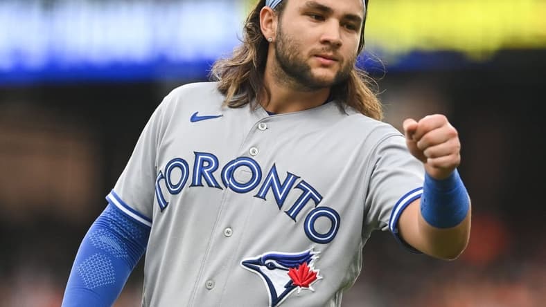 Sep 5, 2022; Baltimore, Maryland, USA; Toronto Blue Jays shortstop Bo Bichette (11) stand son the field during the first inning against the Baltimore Orioles at Oriole Park at Camden Yards. Mandatory Credit: Tommy Gilligan-USA TODAY Sports