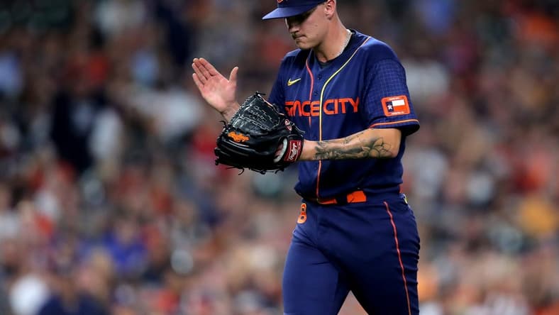 Sep 5, 2022; Houston, Texas, USA; Houston Astros starting pitcher Hunter Brown (58) reacts after a strikeout against the Texas Rangers during the fifth inning at Minute Maid Park. Mandatory Credit: Erik Williams-USA TODAY Sports
