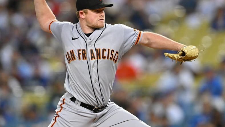 Sep 5, 2022; Los Angeles, California, USA; San Francisco Giants starting pitcher Logan Webb (62) throws to the plate in the first inning against the Los Angeles Dodgers at Dodger Stadium. Mandatory Credit: Jayne Kamin-Oncea-USA TODAY Sports