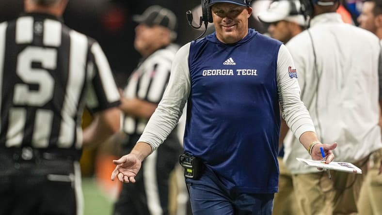 Sep 5, 2022; Atlanta, Georgia, USA; Georgia Tech Yellow Jackets head coach Geoff Collins reacts after a call during the game against the Clemson Tigers during the second half at Mercedes-Benz Stadium. Mandatory Credit: Dale Zanine-USA TODAY Sports