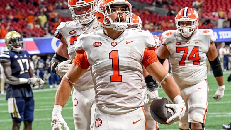 Clemson running back Will Shipley (1) reacts after scoring during the fourth quarter at the Mercedes-Benz Stadium in Atlanta, Georgia Monday, September 5, 2022.

Ncaa Fb Clemson At Georgia Tech
