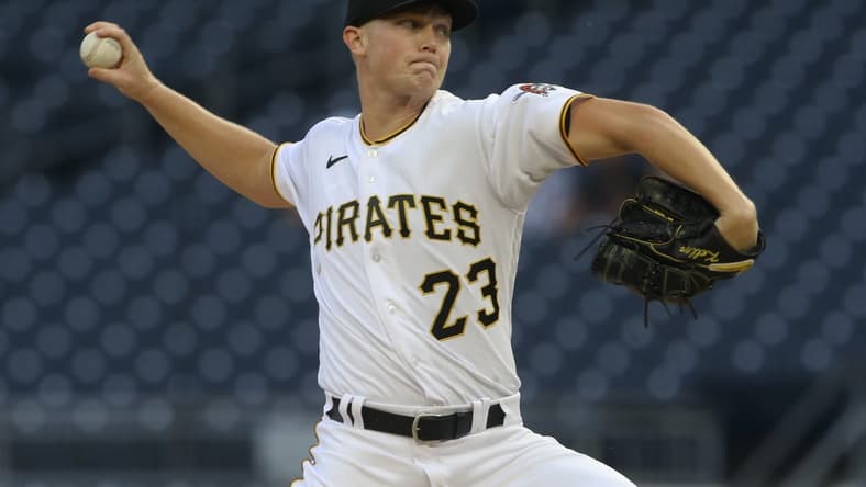 Sep 6, 2022; Pittsburgh, Pennsylvania, USA;  Pittsburgh Pirates starting pitcher Mitch Keller (23) delivers a pitch against the New York Mets during the first inning at PNC Park. Mandatory Credit: Charles LeClaire-USA TODAY Sports