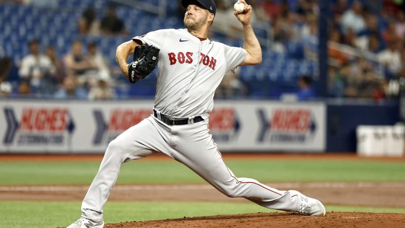 Sep 6, 2022; St. Petersburg, Florida, USA; Boston Red Sox starting pitcher Rich Hill (44) throws a pitch against the Tampa Bay Rays during the second inning at Tropicana Field. Mandatory Credit: Kim Klement-USA TODAY Sports