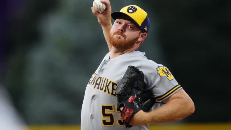 Sep 6, 2022; Denver, Colorado, USA; Milwaukee Brewers starting pitcher Brandon Woodruff (53) pitches in the first inning against the Colorado Rockies at Coors Field. Mandatory Credit: Ron Chenoy-USA TODAY Sports