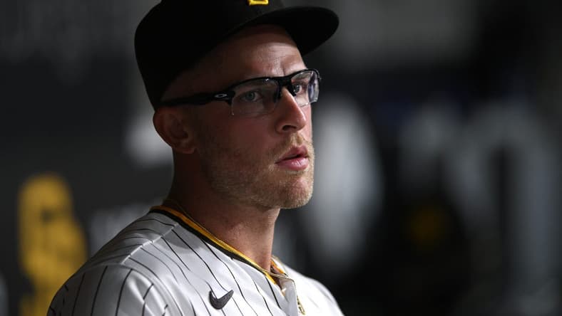 Sep 6, 2022; San Diego, California, USA; San Diego Padres designated hitter Matt Beaty (27) looks on from the dugout during the eighth inning against the Arizona Diamondbacks at Petco Park. Mandatory Credit: Orlando Ramirez-USA TODAY Sports