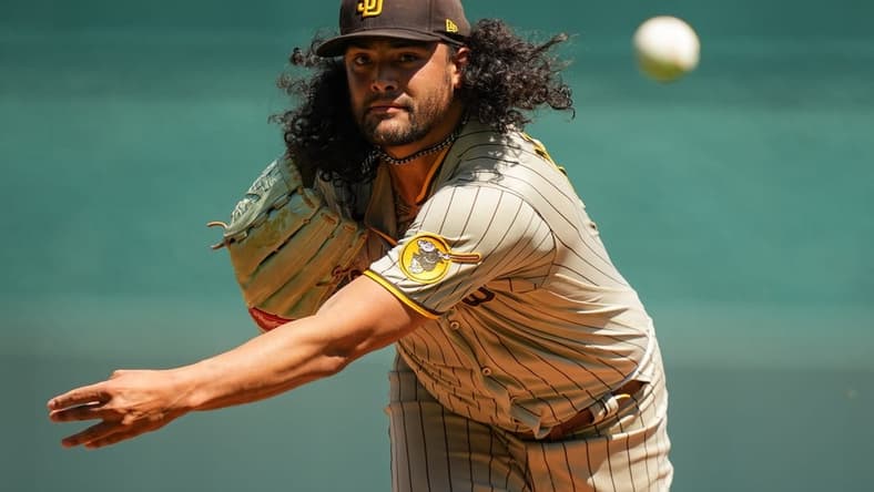 Aug 28, 2022; Kansas City, Missouri, USA; San Diego Padres starting pitcher Sean Manaea (55) warms up during the first inning against the Kansas City Royals at Kauffman Stadium. Mandatory Credit: Jay Biggerstaff-USA TODAY Sports