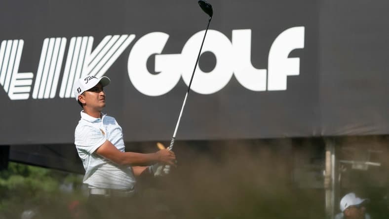 Sep 4, 2022; Boston, Massachusetts, USA; Sadom Kaewkanjana tees off on the 16th during the final round of the LIV Golf tournament at The International. Mandatory Credit: Richard Cashin-USA TODAY Sports