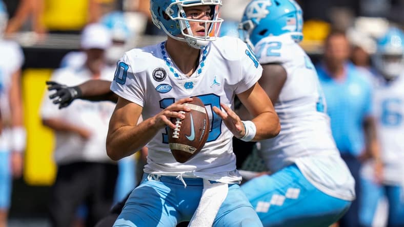 Sep 3, 2022; Boone, North Carolina, USA; North Carolina Tar Heels quarterback Drake Maye (10) during the second half against the Appalachian State Mountaineers at Kidd Brewer Stadium. Mandatory Credit: Jim Dedmon-USA TODAY Sports