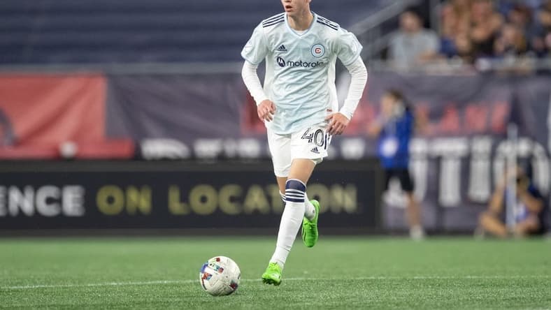 Aug 31, 2022; Foxborough, Massachusetts, USA; Chicago Fire FC midfielder Brian Gutierrez (40) possesses the ball during the first half against the New England Revolution at Gillette Stadium. Mandatory Credit: Paul Rutherford-USA TODAY Sports