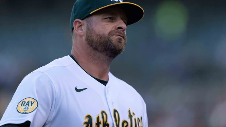 Aug 25, 2022; Oakland, California, USA; Oakland Athletics catcher Stephen Vogt (21) during the first inning against the New York Yankees at RingCentral Coliseum. Mandatory Credit: Stan Szeto-USA TODAY Sports