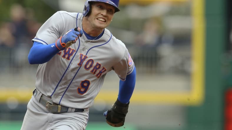 Sep 7, 2022; Pittsburgh, Pennsylvania, USA; New York Mets center fielder Brandon Nimmo (9) runs from first base to third against the Pittsburgh Pirates during the first inning at PNC Park. Mandatory Credit: Charles LeClaire-USA TODAY Sports