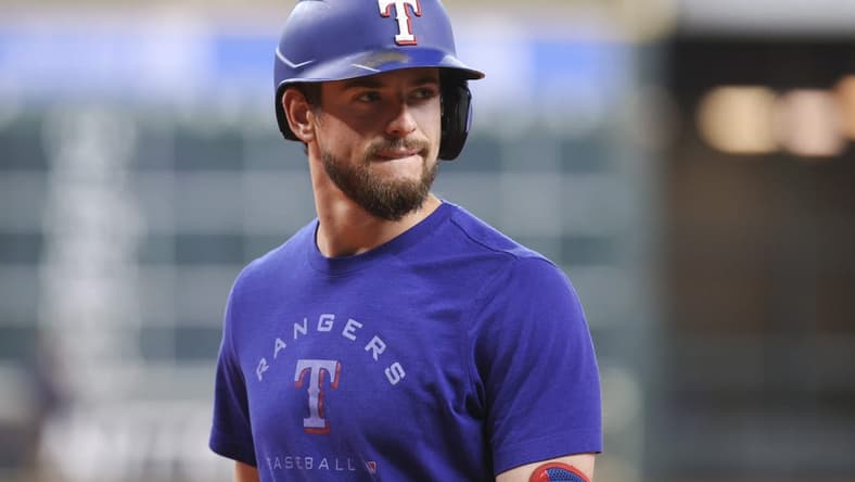 Sep 7, 2022; Houston, Texas, USA; Texas Rangers designated hitter Nick Solak (15) during batting practice before the game against the Houston Astros at Minute Maid Park. Mandatory Credit: Troy Taormina-USA TODAY Sports