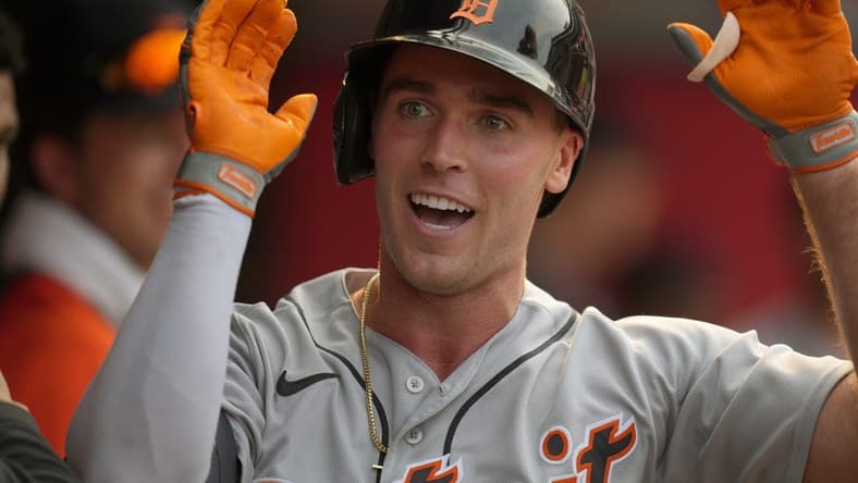 Sep 7, 2022; Anaheim, California, USA; Detroit Tigers left fielder Kerry Carpenter (48) celebrates after hitting a solo home run in the ninth inning against the Los Angeles Angels at Angel Stadium. Mandatory Credit: Kirby Lee-USA TODAY Sports