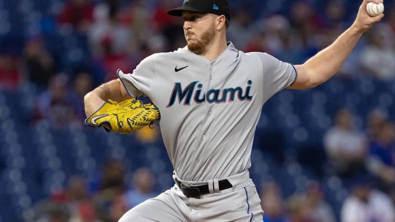 Sep 7, 2022; Philadelphia, Pennsylvania, USA; Miami Marlins starting pitcher Trevor Rogers (28) throws a pitch during the second inning against the Philadelphia Phillies at Citizens Bank Park. Mandatory Credit: Bill Streicher-USA TODAY Sports