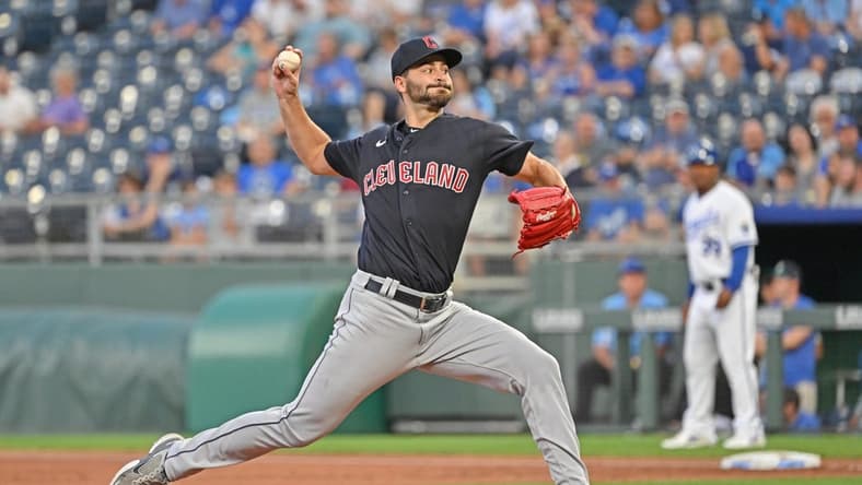 Sep 7, 2022; Kansas City, Missouri, USA; Cleveland Guardians starting pitcher Cody Morris (36) delivers a pitch during the first inning against the Kansas City Royals at Kauffman Stadium. Mandatory Credit: Peter Aiken-USA TODAY Sports