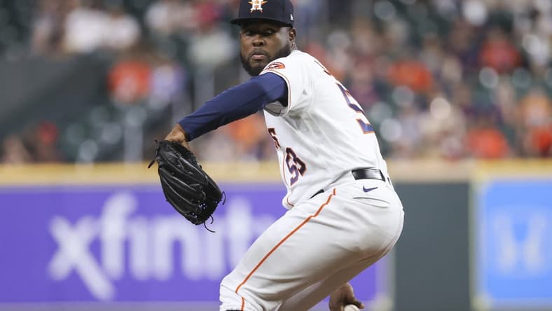 Sep 7, 2022; Houston, Texas, USA; Houston Astros starting pitcher Cristian Javier (53) delivers a pitch during the third inning against the Texas Rangers at Minute Maid Park. Mandatory Credit: Troy Taormina-USA TODAY Sports