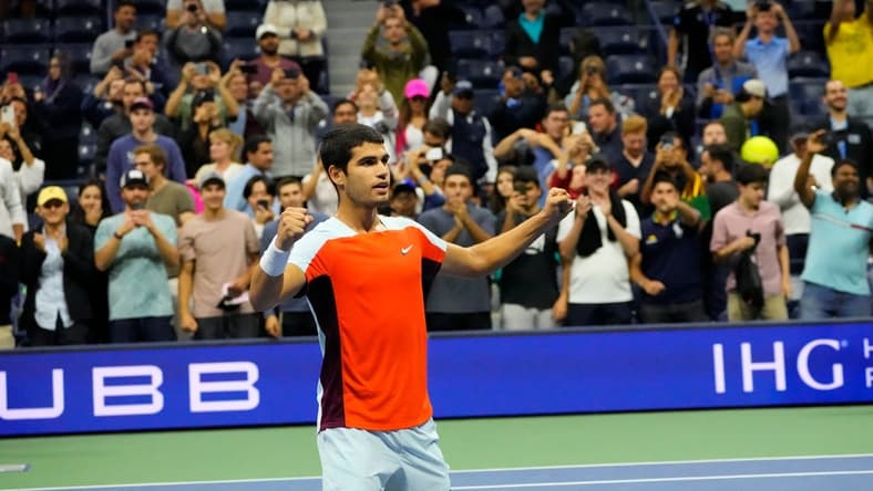 Sept 7, 2022; Flushing, NY, USA;  Carlos Alcaraz of Spain after beating Jannik Sinner of Italy on day ten of the 2022 U.S. Open tennis tournament at USTA Billie Jean King National Tennis Center. Mandatory Credit: Robert Deutsch-USA TODAY Sports