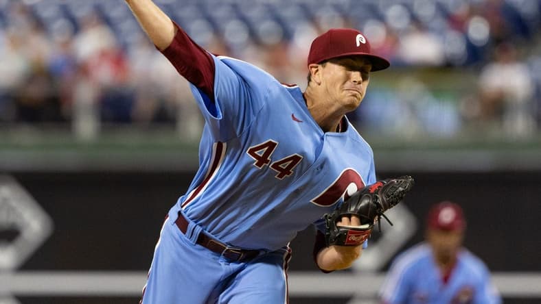 Sep 8, 2022; Philadelphia, Pennsylvania, USA; Philadelphia Phillies starting pitcher Kyle Gibson (44) throws a pitch during the first inning against the Miami Marlins at Citizens Bank Park. Mandatory Credit: Bill Streicher-USA TODAY Sports