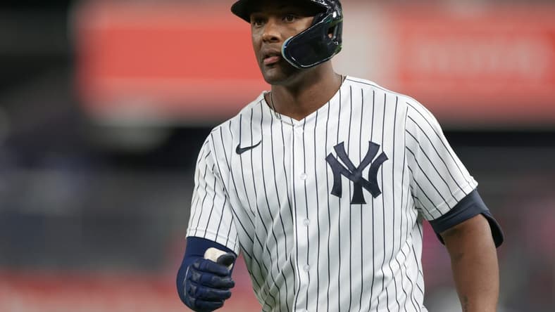 Sep 8, 2022; Bronx, New York, USA; New York Yankees designated hitter Miguel Andujar (41) reacts after a single during the fourth inning against the Minnesota Twins at Yankee Stadium. Mandatory Credit: Vincent Carchietta-USA TODAY Sports