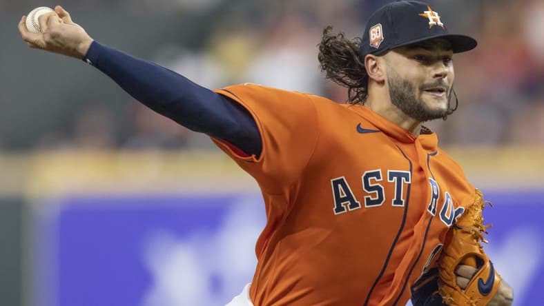 Sep 9, 2022; Houston, Texas, USA; Houston Astros starting pitcher Lance McCullers Jr. (43) pitches against the Los Angeles Angels in the fifth inning at Minute Maid Park. Mandatory Credit: Thomas Shea-USA TODAY Sports