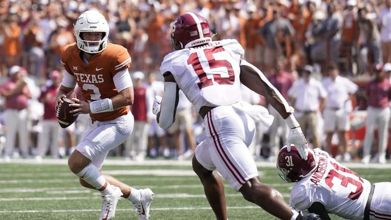 Sep 10, 2022; Austin, Texas, USA; Texas Longhorns quarterback Quinn Ewers (3) looks to pass before getting hit by Alabama Crimson Tide linebacker Dallas Turner (15) during the first half at at Darrell K Royal-Texas Memorial Stadium. Mandatory Credit: Scott Wachter-USA TODAY Sports