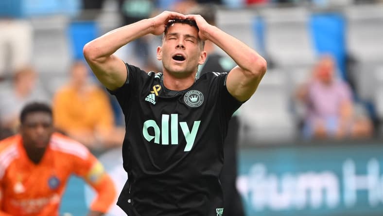 Sep 10, 2022; Charlotte, North Carolina, USA; Charlotte FC midfielder Brandt Bronico (13) reacts after missing a goal in the first half at Bank of America Stadium. Mandatory Credit: Bob Donnan-USA TODAY Sports