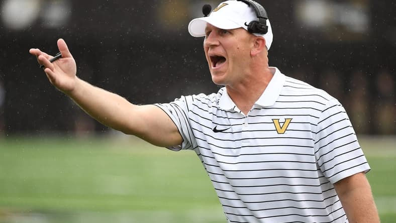 Sep 10, 2022; Nashville, Tennessee, USA; Vanderbilt Commodores head coach Clark Lea questions a call during the first half against the Wake Forest Demon Deacons at FirstBank Stadium. Mandatory Credit: Christopher Hanewinckel-USA TODAY Sports
