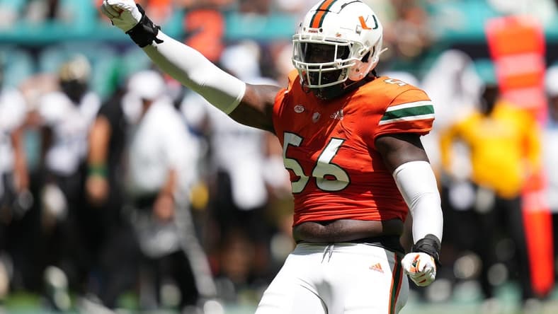Sep 10, 2022; Miami Gardens, Florida, USA; Miami Hurricanes defensive lineman Leonard Taylor (56) celebrates after sacking Southern Miss Golden Eagles quarterback Zach Wilcke (not pictured) during the second half at Hard Rock Stadium. Mandatory Credit: Jasen Vinlove-USA TODAY Sports