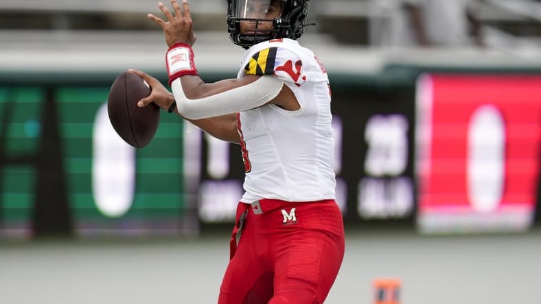 Sep 10, 2022; Charlotte, North Carolina, USA;  Maryland Terrapins quarterback Taulia Tagovailoa (3) makes a throw during pregame activity against the Charlotte 49ers  at Jerry Richardson Stadium. Mandatory Credit: Jim Dedmon-USA TODAY Sports