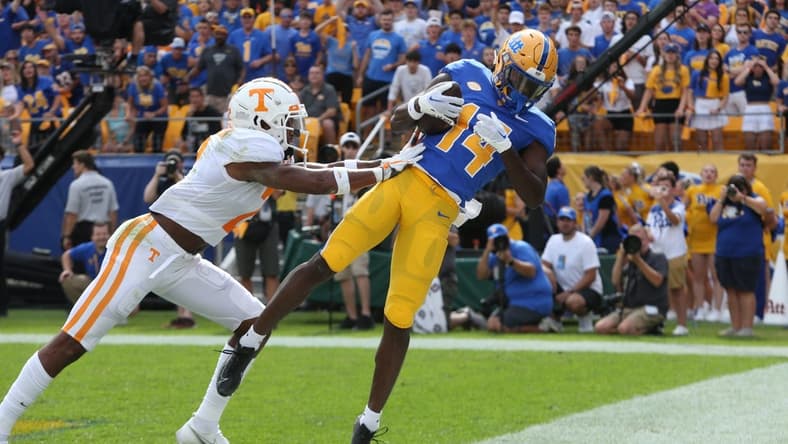 Sep 10, 2022; Pittsburgh, Pennsylvania, USA;  Tennessee Volunteers defensive back Jaylen McCollough (2) defends Pittsburgh Panthers wide receiver Konata Mumpfield (14) out of the back of the end-zone during the first quarter at Acrisure Stadium. Mandatory Credit: Charles LeClaire-USA TODAY Sports