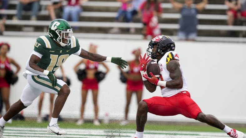 Sep 10, 2022; Charlotte, North Carolina, USA; Maryland Terrapins wide receiver Jacob Copeland (2) makes a catch in the end zone defended by Charlotte 49ers defensive back Comanche Francisco (19) during the first quarter at Jerry Richardson Stadium. Mandatory Credit: Jim Dedmon-USA TODAY Sports