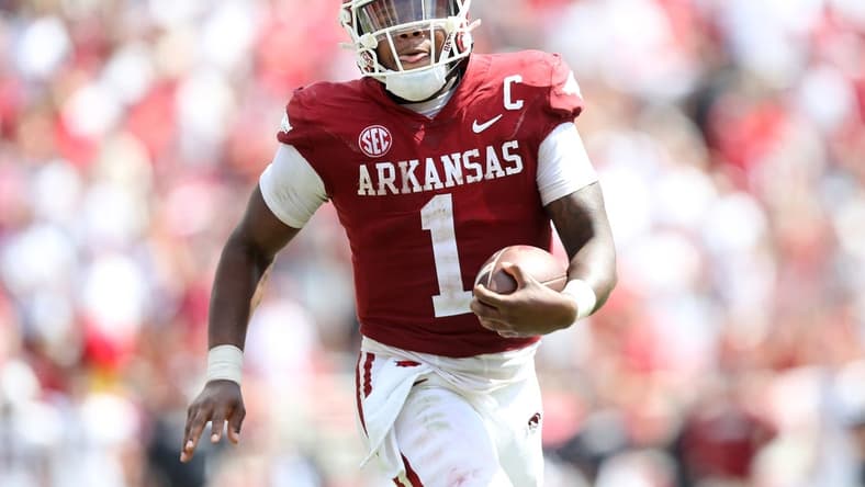 Sep 10, 2022; Fayetteville, Arkansas, USA; Arkansas Razorbacks quarterback KJ Jefferson (1) rushes in the fourth quarter against the South Carolina Gamecocks at Donald W. Reynolds Razorback Stadium. Arkansas won 44-30. Mandatory Credit: Nelson Chenault-USA TODAY Sports