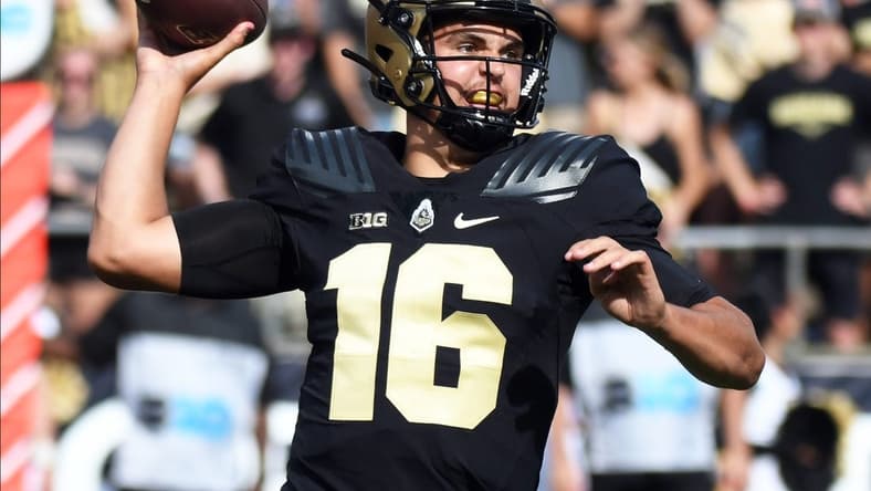 Sep 10, 2022; West Lafayette, Indiana, USA; Purdue Boilermakers quarterback Aidan O'Connell (16) throws a pass during the second quarter against the Indiana State Sycamores at Ross-Ade Stadium. Mandatory Credit: Robert Goddin-USA TODAY Sports