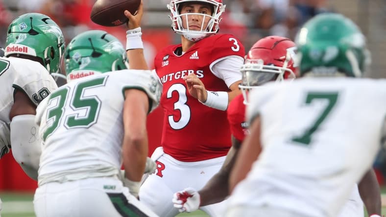 Sep 10, 2022; Piscataway, New Jersey, USA; Rutgers Scarlet Knights quarterback Evan Simon (3) throws a pass against the Wagner Seahawks during the second half at SHI Stadium. Mandatory Credit: Ed Mulholland-USA TODAY Sports