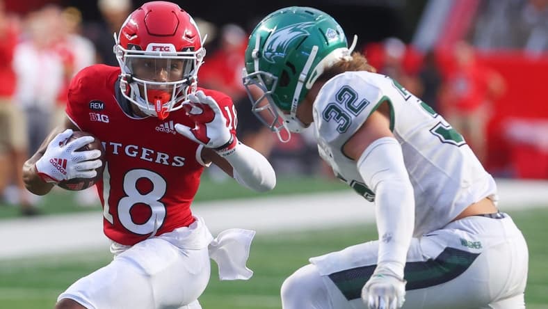Sep 10, 2022; Piscataway, New Jersey, USA; Rutgers Scarlet Knights wide receiver Rashad Rochelle (18) runs with the ball against the Wagner Seahawks during the second half at SHI Stadium. Mandatory Credit: Ed Mulholland-USA TODAY Sports
