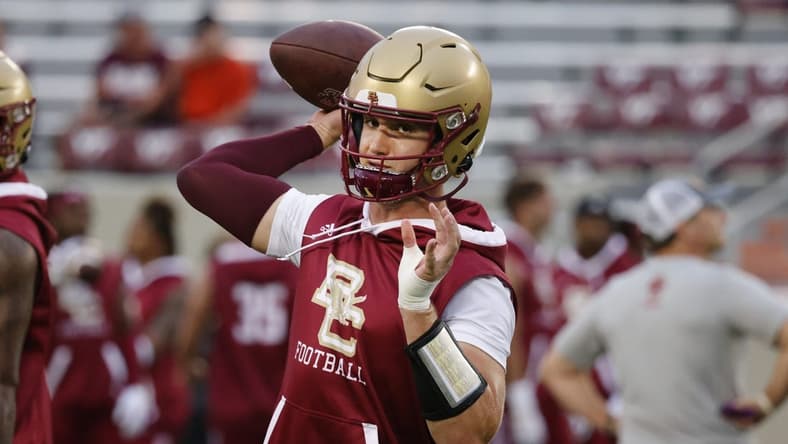 Sep 10, 2022; Blacksburg, Virginia, USA; Boston College Eagles quarterback Phil Jurkovec (5) throws the ball before the game against the Virginia Tech Hokies at Lane Stadium. Mandatory Credit: Reinhold Matay-USA TODAY Sports