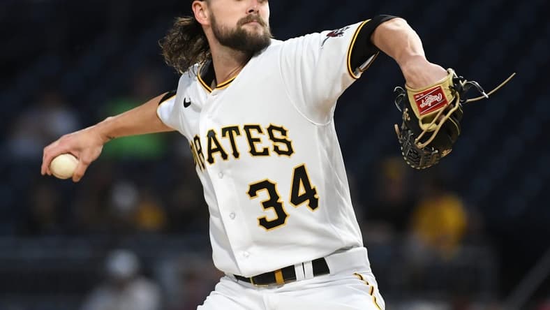 Sep 10, 2022; Pittsburgh, Pennsylvania, USA; Pittsburgh Pirates starting pitcher JT Brubaker (34) delivers the ball against the St. Louis Cardinals in the first inning at PNC Park. Mandatory Credit: Philip G. Pavely-USA TODAY Sports