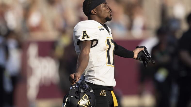 Sep 10, 2022; College Station, Texas, USA; Appalachian State Mountaineers defensive back Isaac Johnson (17) celebrates the win against the Texas A&M Aggies  at Kyle Field. Appalachian State Mountaineers won 17 to 14. Mandatory Credit: Thomas Shea-USA TODAY Sports