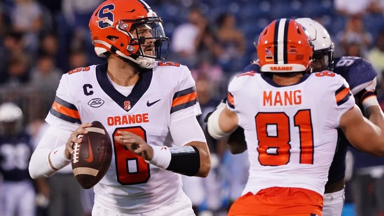 Sep 10, 2022; East Hartford, Connecticut, USA; Syracuse Orange quarterback Garrett Shrader (6) throws a pass against the Connecticut Huskies in the first half at Rentschler Field at Pratt & Whitney Stadium. Mandatory Credit: David Butler II-USA TODAY Sports