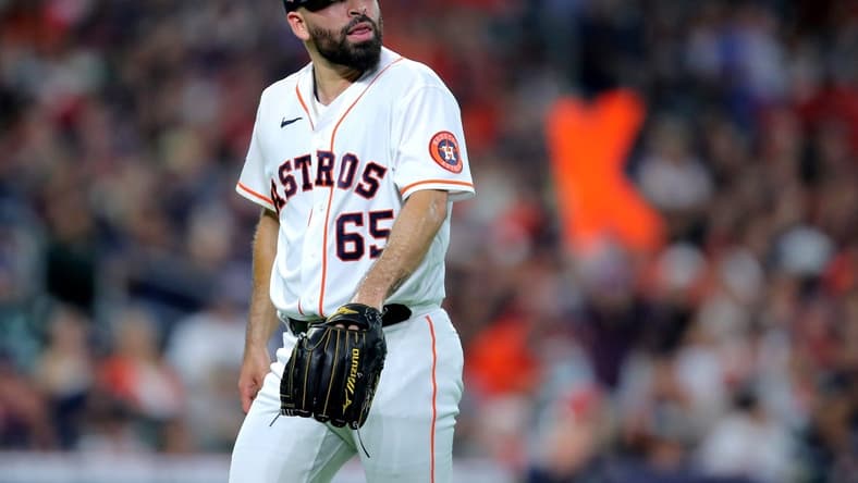 Sep 10, 2022; Houston, Texas, USA; Houston Astros starting pitcher Jose Urquidy (65) walks to the dugout after retiring the side against the Los Angeles Angels during the third inning at Minute Maid Park. Mandatory Credit: Erik Williams-USA TODAY Sports